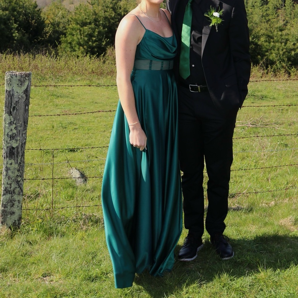 Next / Up Forest Green Satin Corset Formal Dress